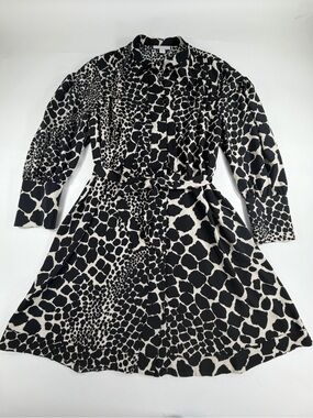 Topshop Safari Animal Print Tie Waist Shirt Dress Puff Sleeve US 6